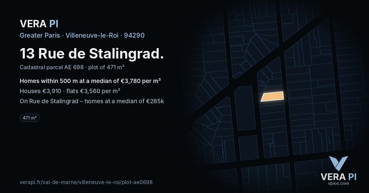 13 Rue de Stalingrad, Villeneuve-le-Roi at night – the plot lit, the parcels around coloured by the prices near them