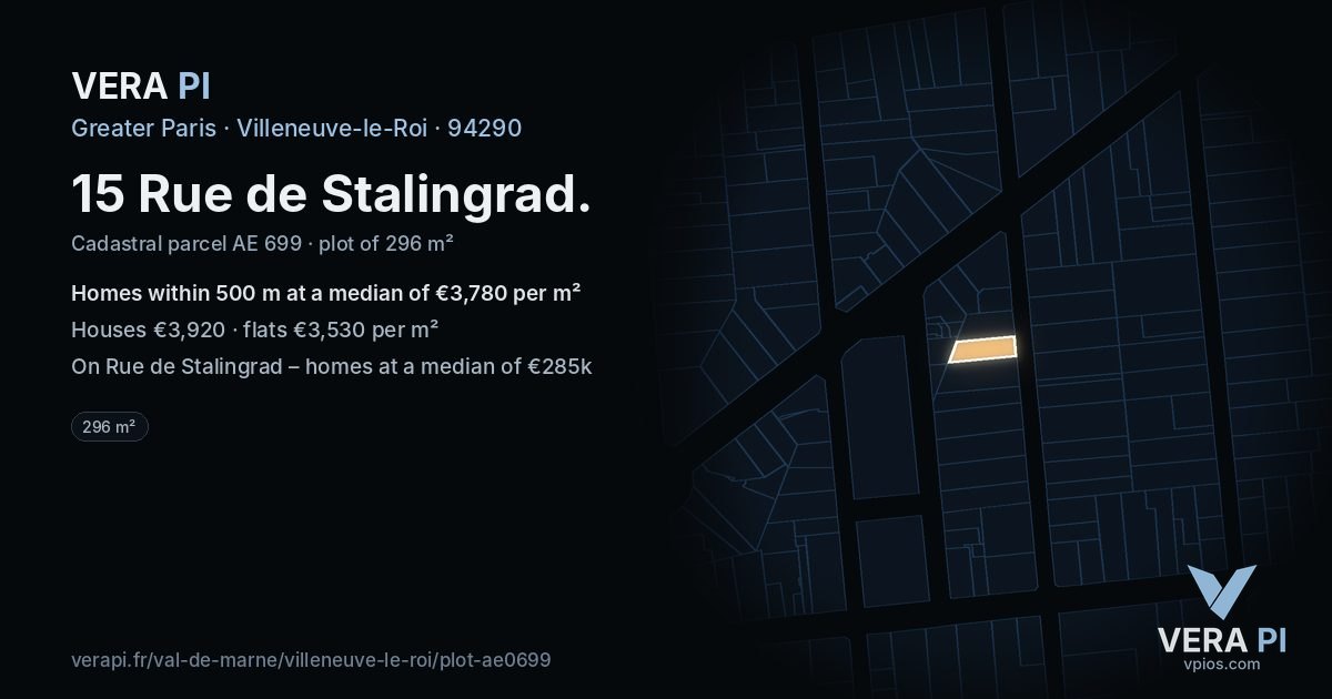 15 Rue de Stalingrad, Villeneuve-le-Roi at night – the plot lit, the parcels around coloured by the prices near them