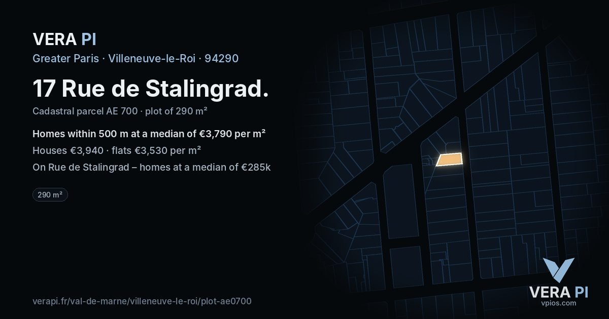 17 Rue de Stalingrad, Villeneuve-le-Roi at night – the plot lit, the parcels around coloured by the prices near them