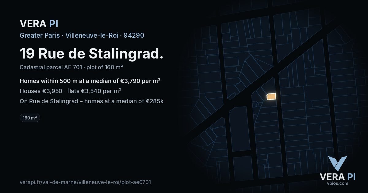 19 Rue de Stalingrad, Villeneuve-le-Roi at night – the plot lit, the parcels around coloured by the prices near them