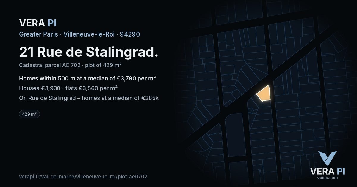 21 Rue de Stalingrad, Villeneuve-le-Roi at night – the plot lit, the parcels around coloured by the prices near them