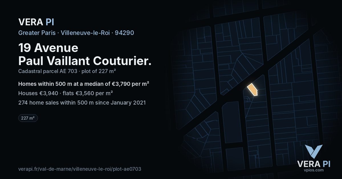 19 Avenue Paul Vaillant Couturier, Villeneuve-le-Roi at night – the plot lit, the parcels around coloured by the prices near them