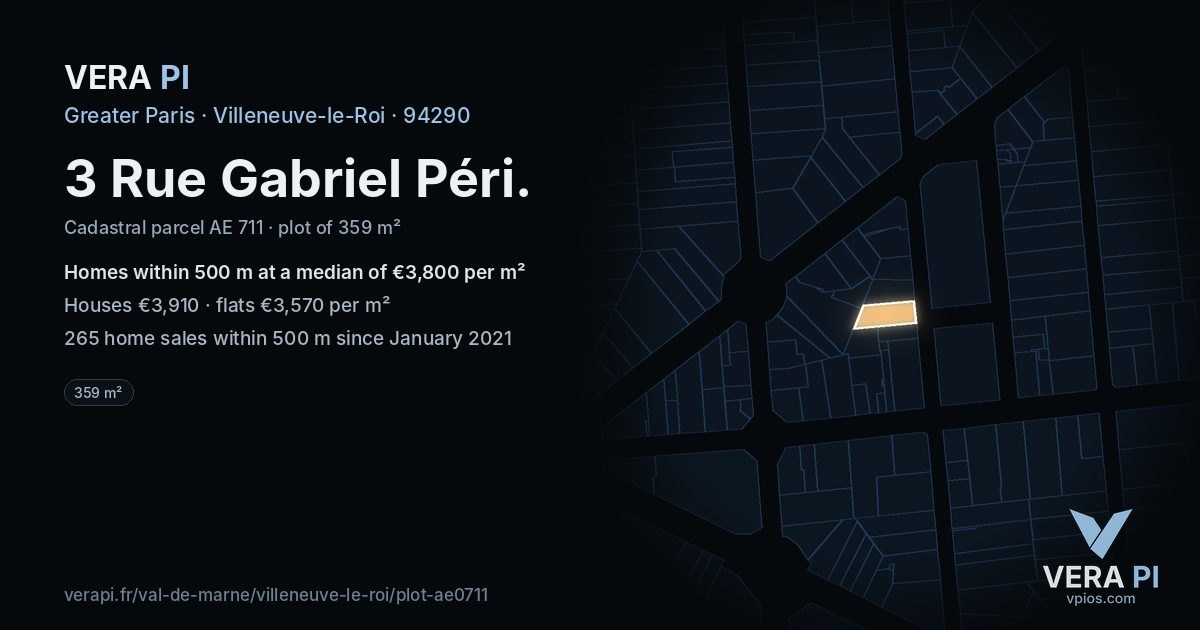 3 Rue Gabriel Péri, Villeneuve-le-Roi at night – the plot lit, the parcels around coloured by the prices near them