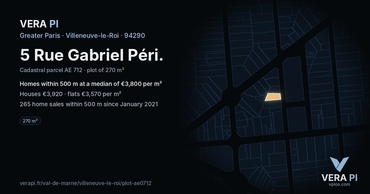 5 Rue Gabriel Péri, Villeneuve-le-Roi at night – the plot lit, the parcels around coloured by the prices near them