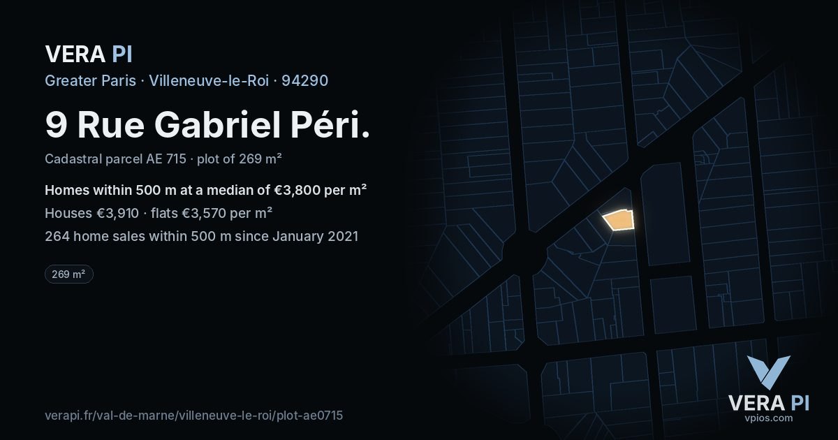 9 Rue Gabriel Péri, Villeneuve-le-Roi at night – the plot lit, the parcels around coloured by the prices near them