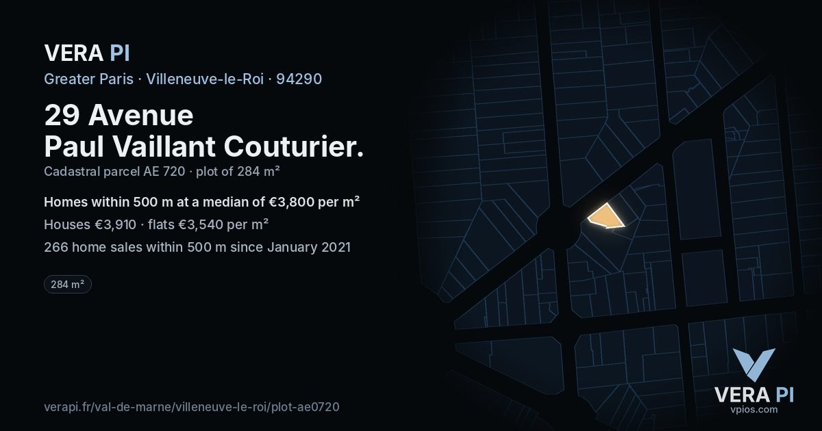 29 Avenue Paul Vaillant Couturier, Villeneuve-le-Roi at night – the plot lit, the parcels around coloured by the prices near them