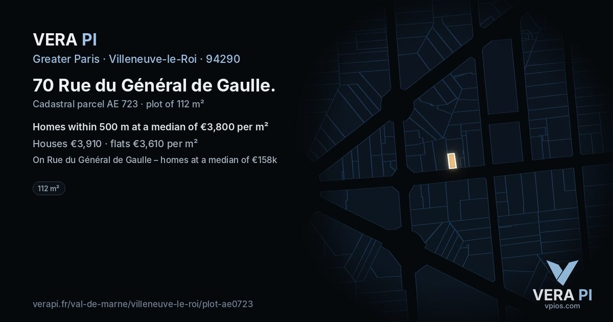 70 Rue du Général de Gaulle, Villeneuve-le-Roi at night – the plot lit, the parcels around coloured by the prices near them