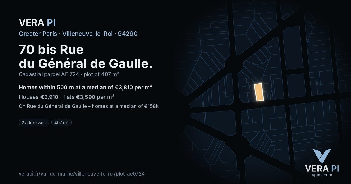 70 bis Rue du Général de Gaulle, Villeneuve-le-Roi at night – the plot lit, the parcels around coloured by the prices near them