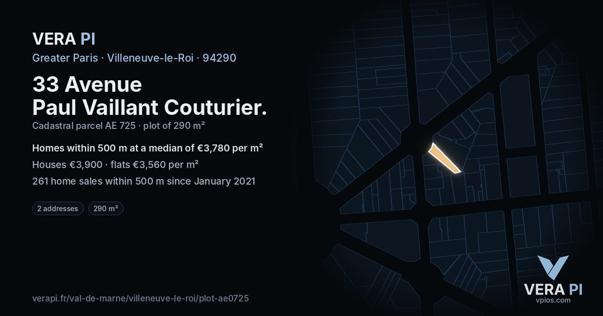 33 Avenue Paul Vaillant Couturier, Villeneuve-le-Roi at night – the plot lit, the parcels around coloured by the prices near them