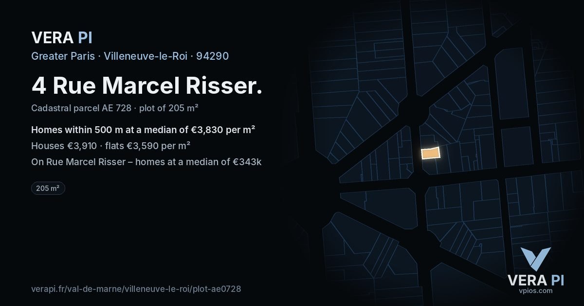4 Rue Marcel Risser, Villeneuve-le-Roi at night – the plot lit, the parcels around coloured by the prices near them