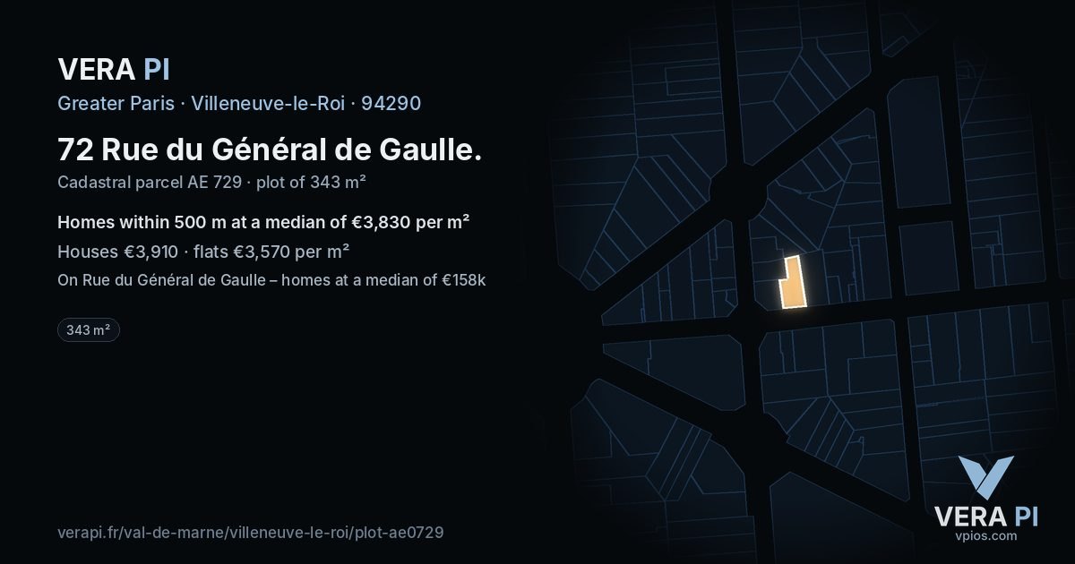 72 Rue du Général de Gaulle, Villeneuve-le-Roi at night – the plot lit, the parcels around coloured by the prices near them