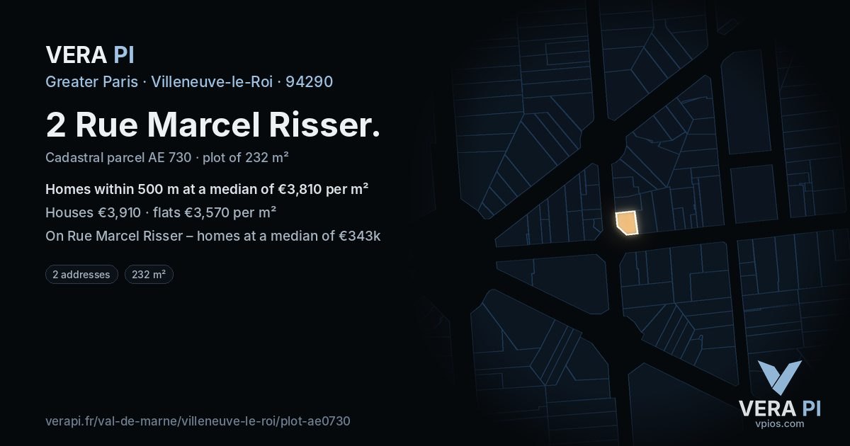 2 Rue Marcel Risser, Villeneuve-le-Roi at night – the plot lit, the parcels around coloured by the prices near them