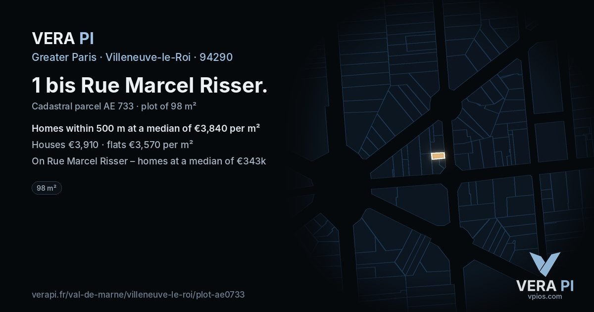 1 bis Rue Marcel Risser, Villeneuve-le-Roi at night – the plot lit, the parcels around coloured by the prices near them