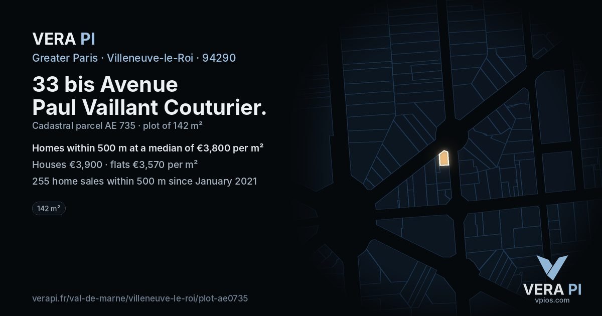 33 bis Avenue Paul Vaillant Couturier, Villeneuve-le-Roi at night – the plot lit, the parcels around coloured by the prices near them