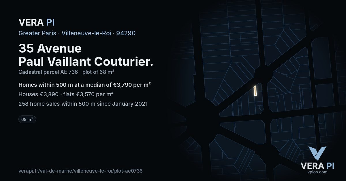 35 Avenue Paul Vaillant Couturier, Villeneuve-le-Roi at night – the plot lit, the parcels around coloured by the prices near them
