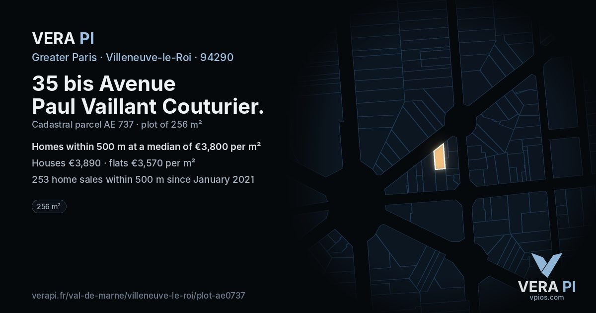 35 bis Avenue Paul Vaillant Couturier, Villeneuve-le-Roi at night – the plot lit, the parcels around coloured by the prices near them