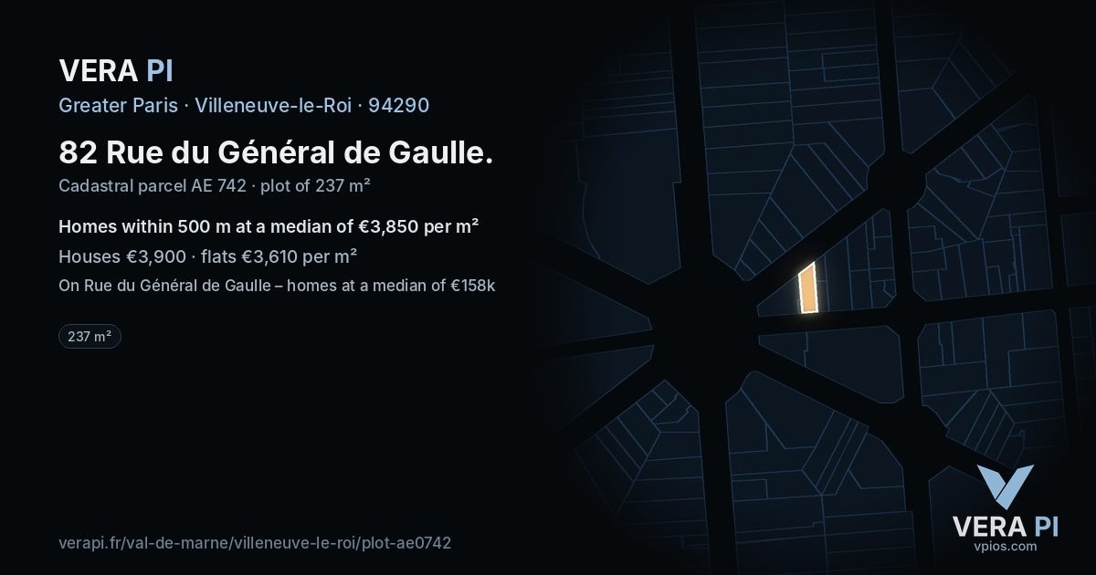82 Rue du Général de Gaulle, Villeneuve-le-Roi at night – the plot lit, the parcels around coloured by the prices near them