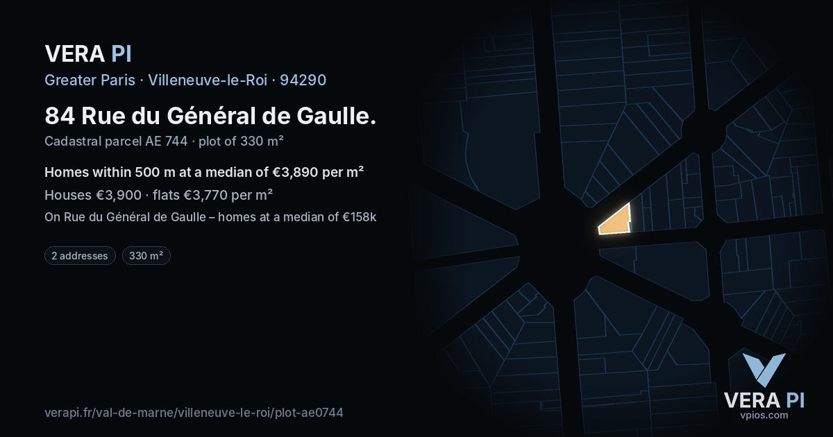 84 Rue du Général de Gaulle, Villeneuve-le-Roi at night – the plot lit, the parcels around coloured by the prices near them