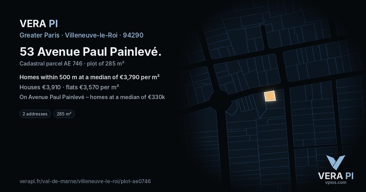 53 Avenue Paul Painlevé, Villeneuve-le-Roi at night – the plot lit, the parcels around coloured by the prices near them
