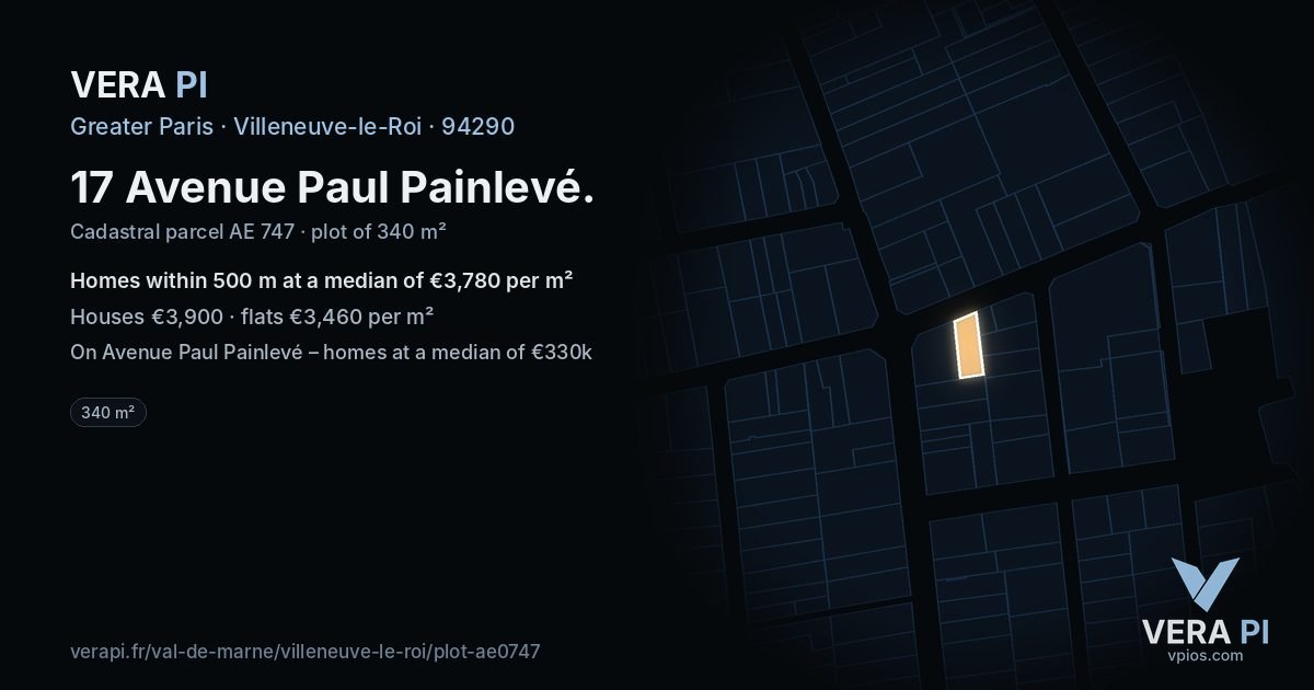 17 Avenue Paul Painlevé, Villeneuve-le-Roi at night – the plot lit, the parcels around coloured by the prices near them