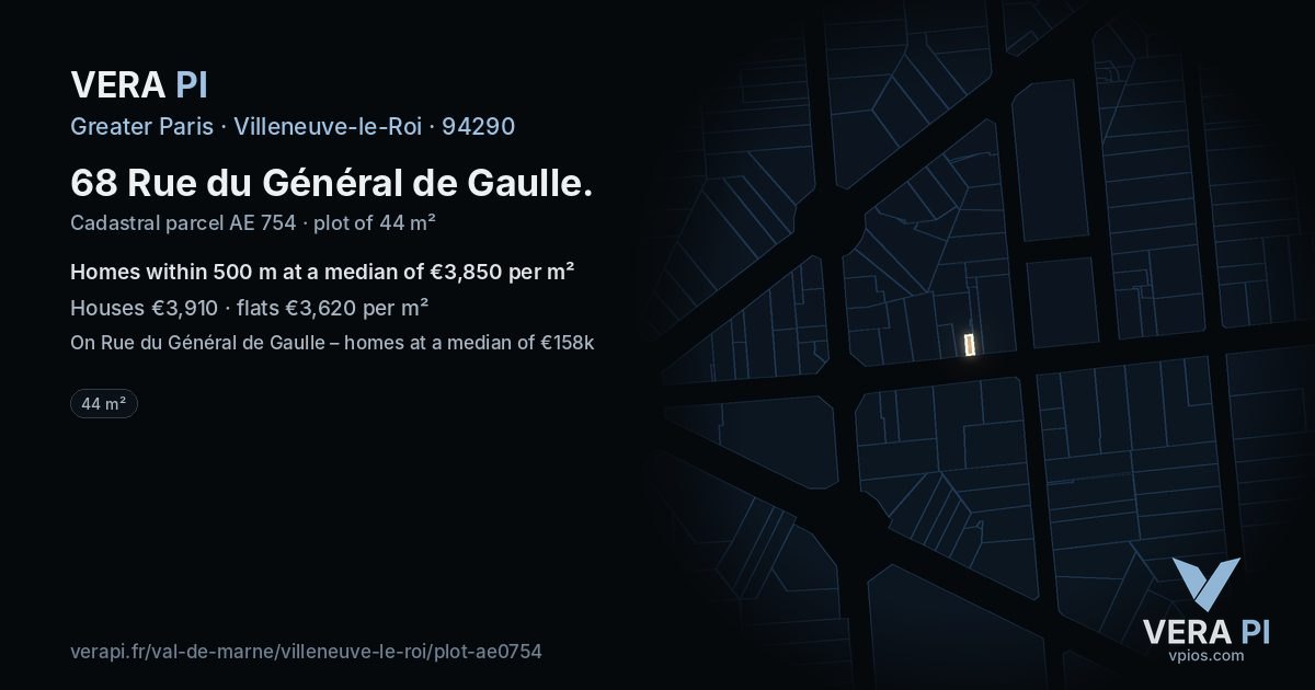 68 Rue du Général de Gaulle, Villeneuve-le-Roi at night – the plot lit, the parcels around coloured by the prices near them