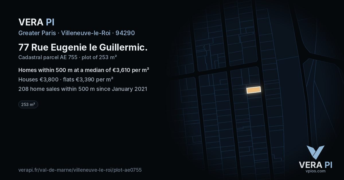 77 Rue Eugenie le Guillermic, Villeneuve-le-Roi at night – the plot lit, the parcels around coloured by the prices near them
