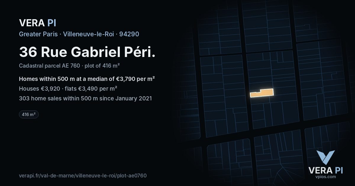 36 Rue Gabriel Péri, Villeneuve-le-Roi at night – the plot lit, the parcels around coloured by the prices near them