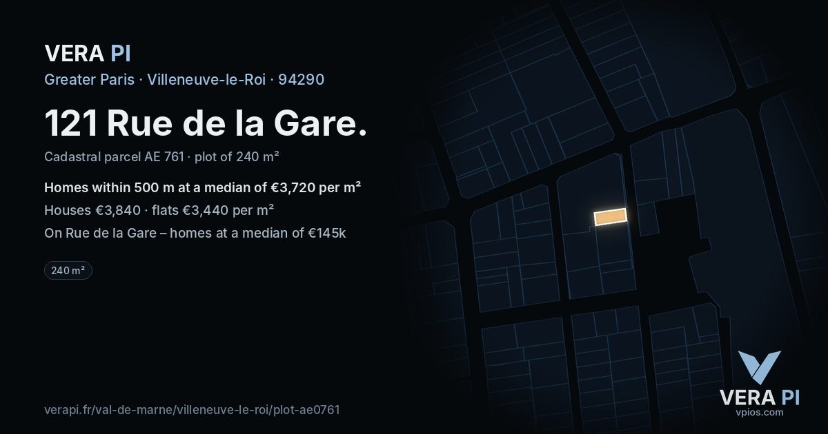 121 Rue de la Gare, Villeneuve-le-Roi at night – the plot lit, the parcels around coloured by the prices near them