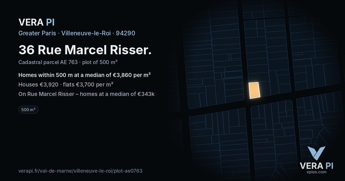 36 Rue Marcel Risser, Villeneuve-le-Roi at night – the plot lit, the parcels around coloured by the prices near them