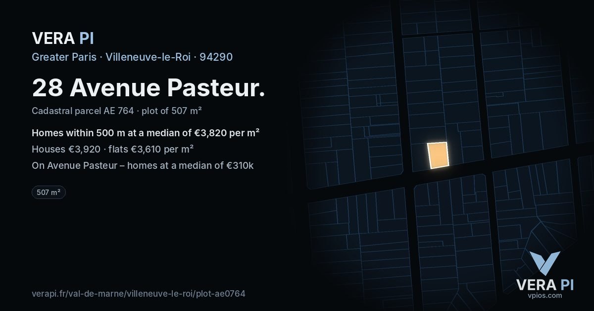 28 Avenue Pasteur, Villeneuve-le-Roi at night – the plot lit, the parcels around coloured by the prices near them