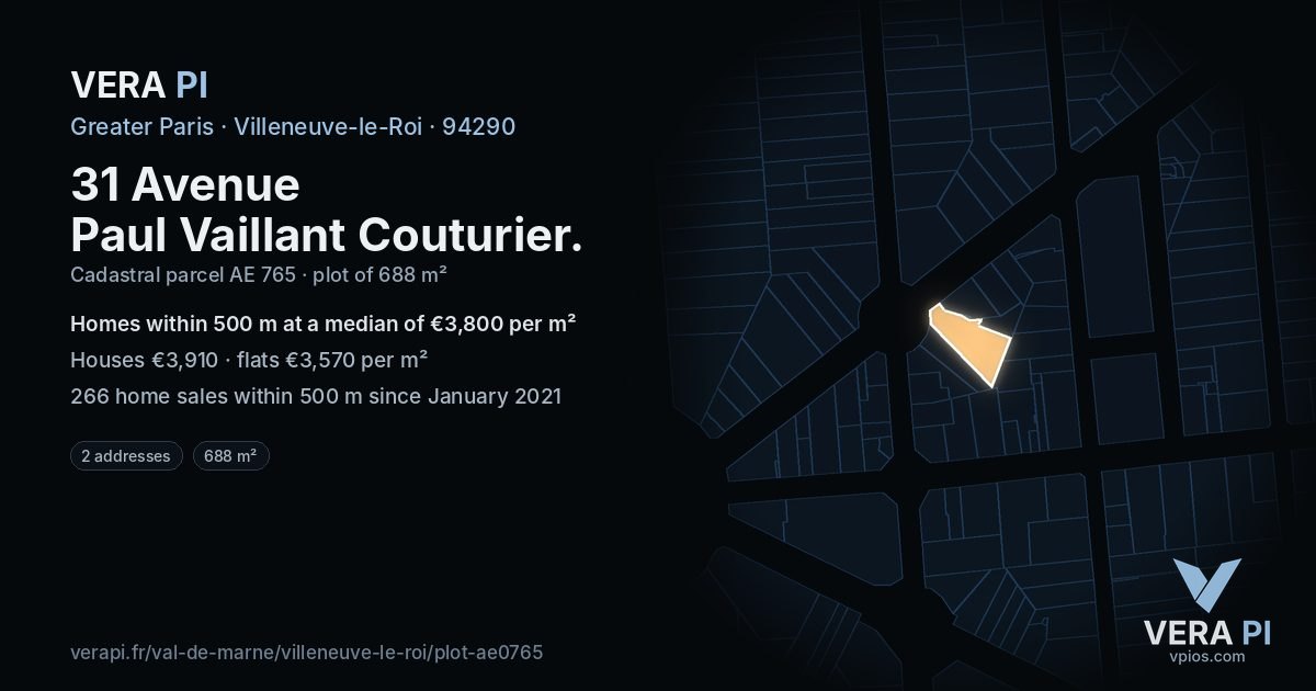 31 Avenue Paul Vaillant Couturier, Villeneuve-le-Roi at night – the plot lit, the parcels around coloured by the prices near them