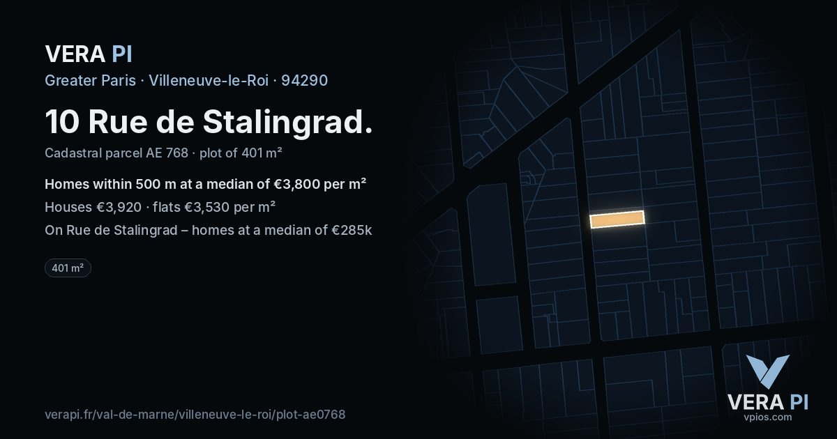 10 Rue de Stalingrad, Villeneuve-le-Roi at night – the plot lit, the parcels around coloured by the prices near them
