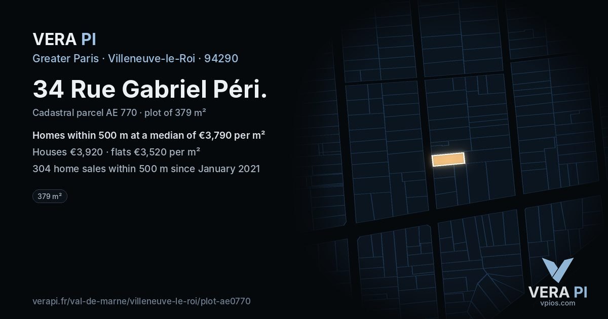 34 Rue Gabriel Péri, Villeneuve-le-Roi at night – the plot lit, the parcels around coloured by the prices near them