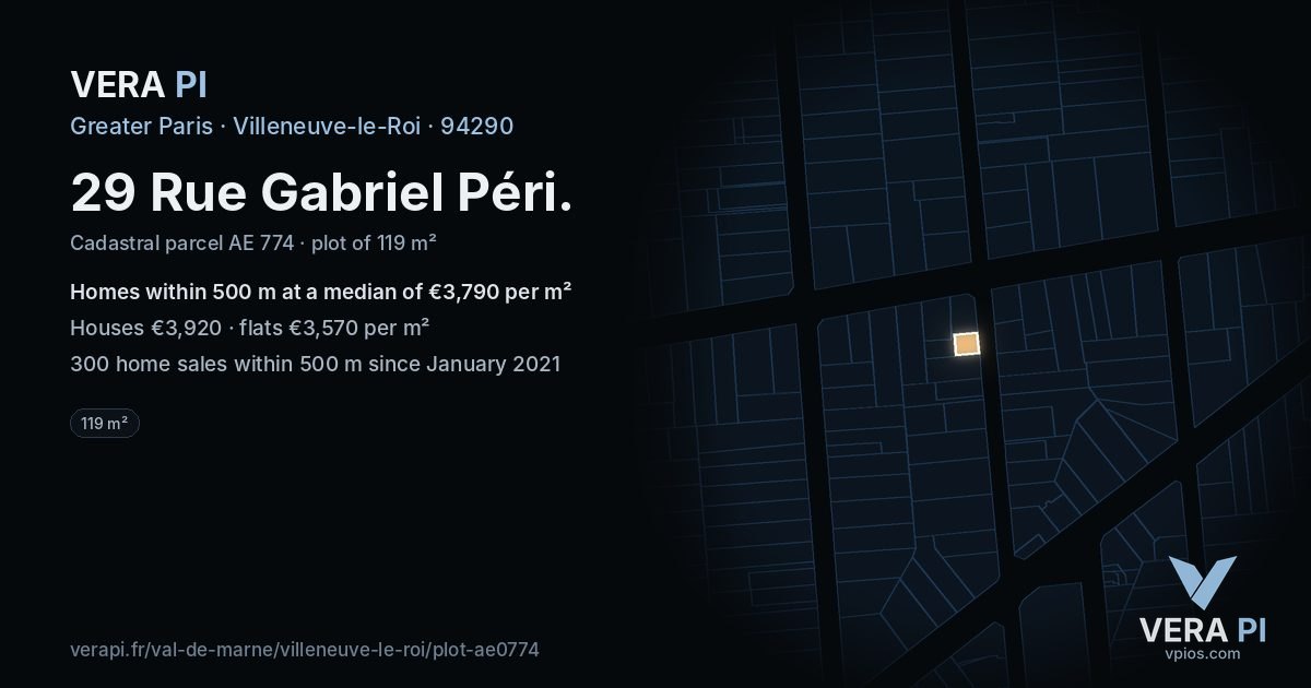 29 Rue Gabriel Péri, Villeneuve-le-Roi at night – the plot lit, the parcels around coloured by the prices near them
