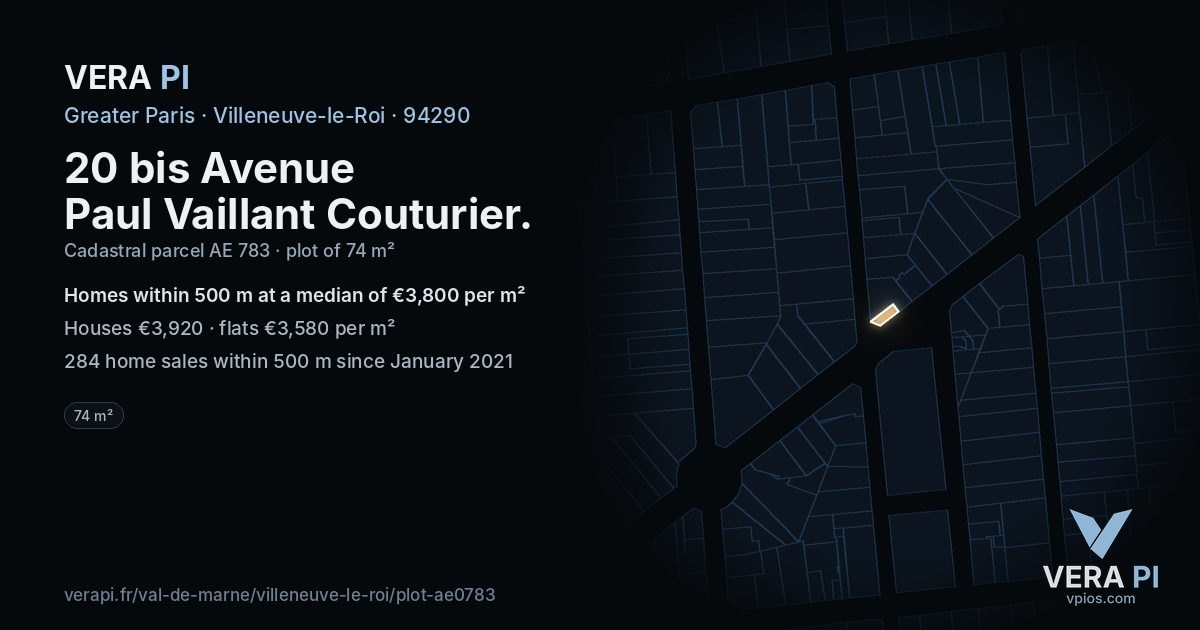 20 bis Avenue Paul Vaillant Couturier, Villeneuve-le-Roi at night – the plot lit, the parcels around coloured by the prices near them