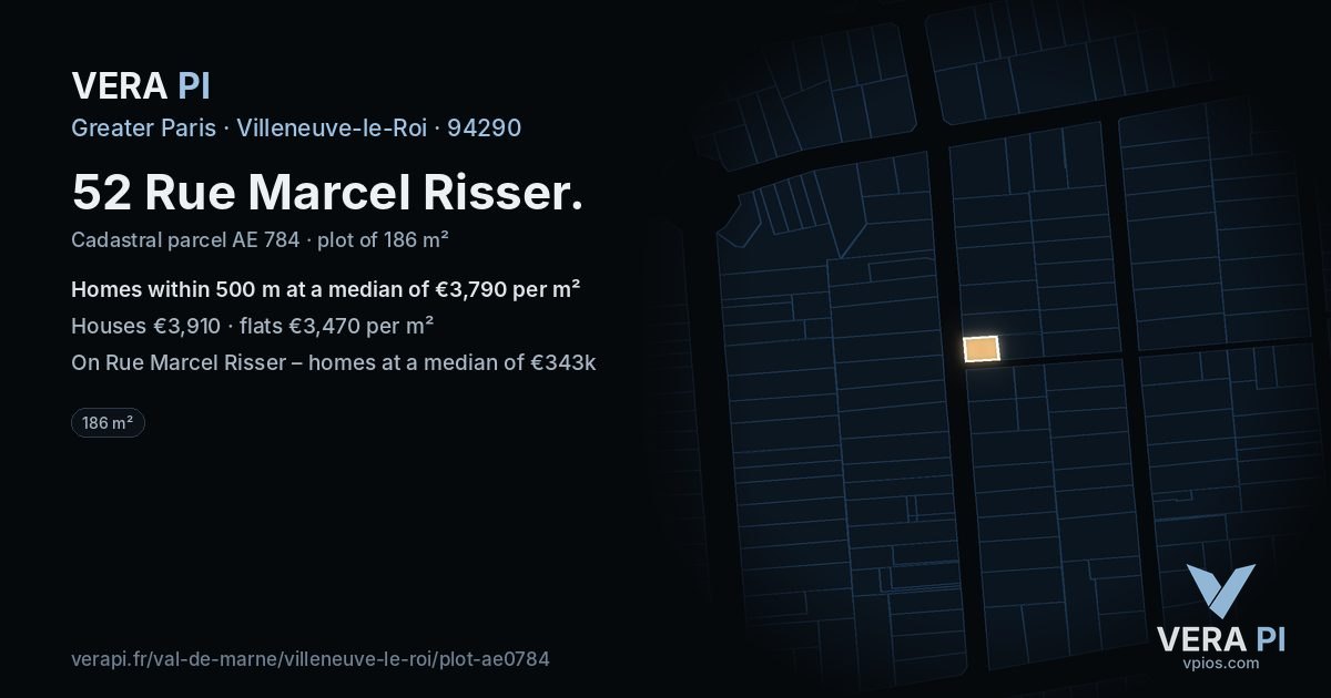 52 Rue Marcel Risser, Villeneuve-le-Roi at night – the plot lit, the parcels around coloured by the prices near them