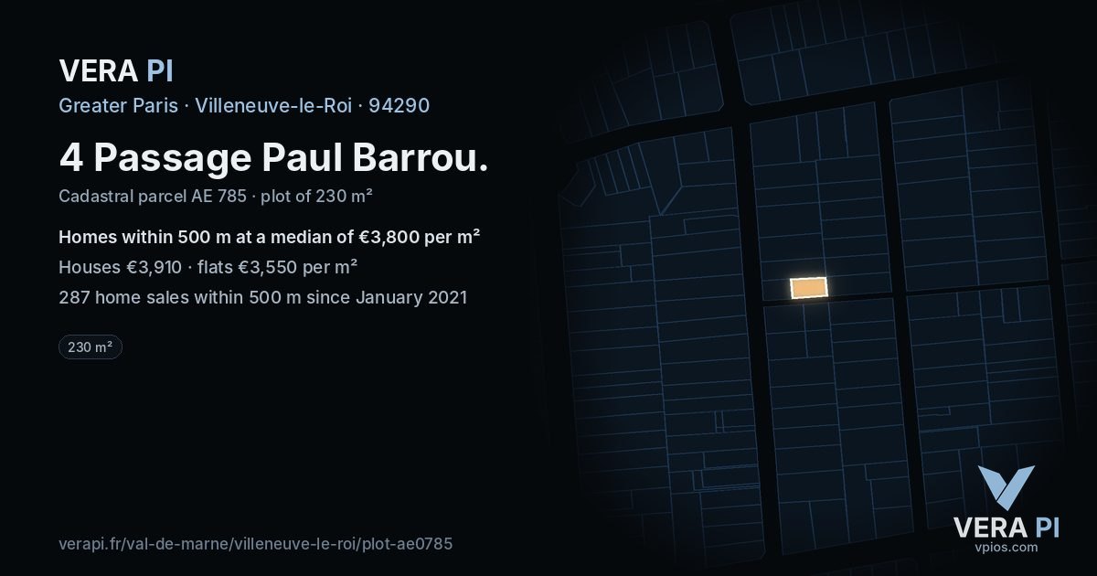 4 Passage Paul Barrou, Villeneuve-le-Roi at night – the plot lit, the parcels around coloured by the prices near them
