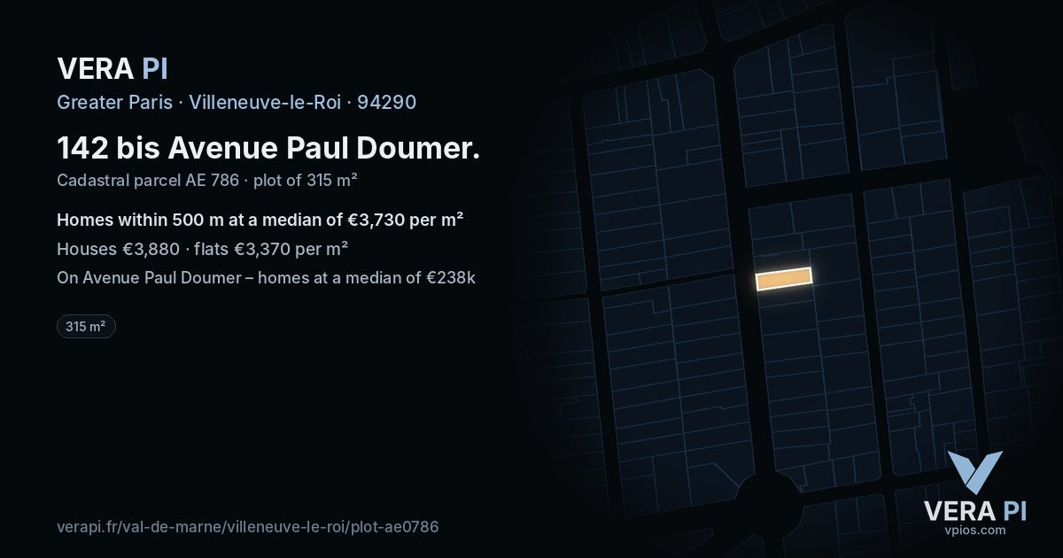 142 bis Avenue Paul Doumer, Villeneuve-le-Roi at night – the plot lit, the parcels around coloured by the prices near them