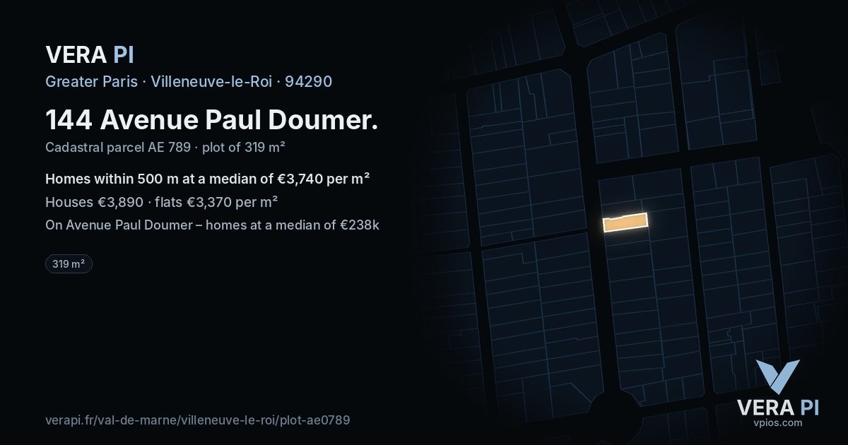 144 Avenue Paul Doumer, Villeneuve-le-Roi at night – the plot lit, the parcels around coloured by the prices near them