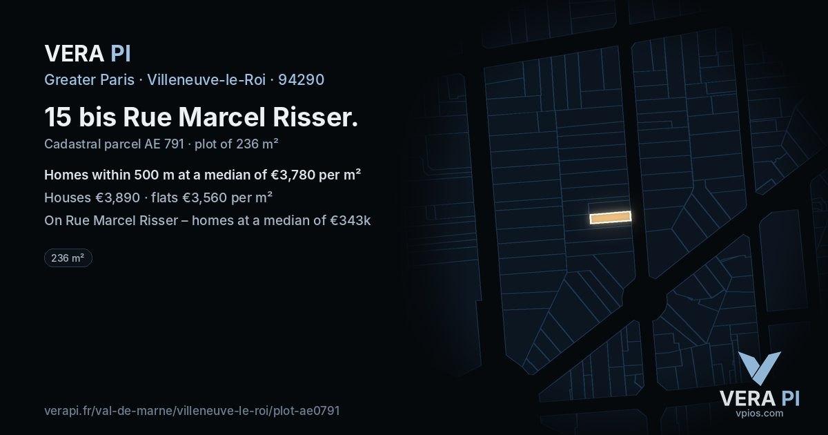 15 bis Rue Marcel Risser, Villeneuve-le-Roi at night – the plot lit, the parcels around coloured by the prices near them