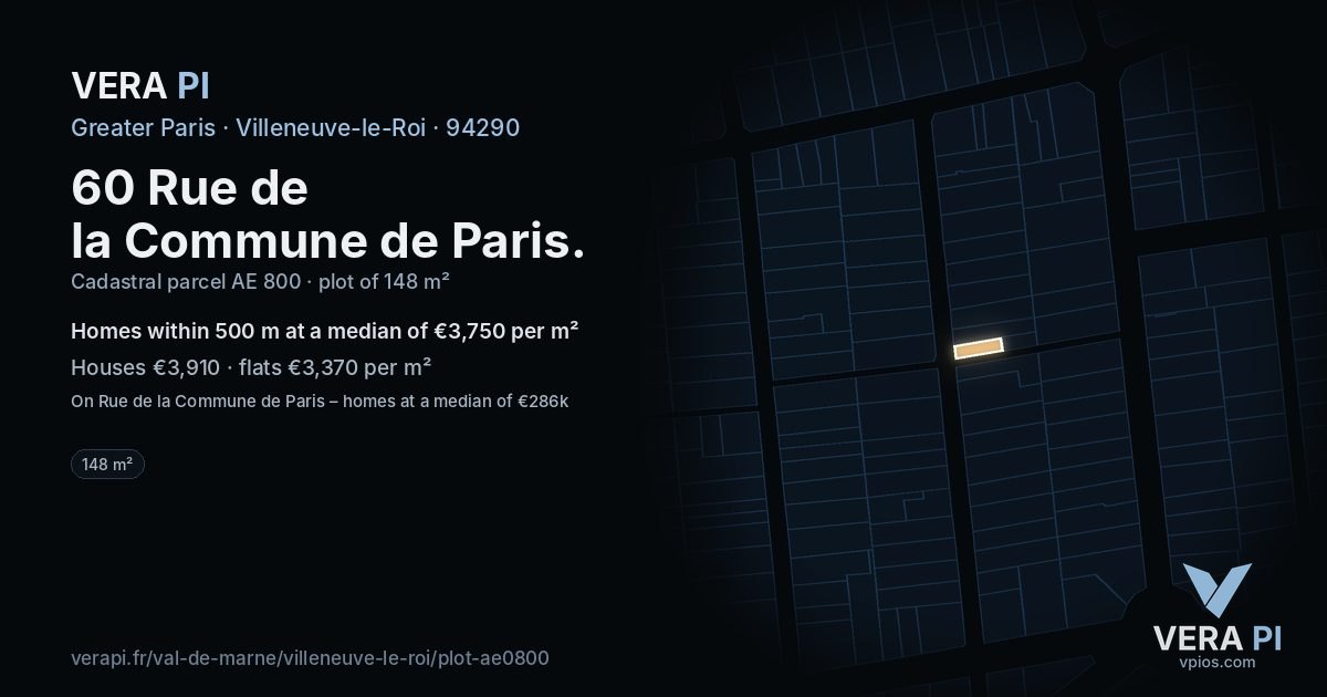 60 Rue de la Commune de Paris, Villeneuve-le-Roi at night – the plot lit, the parcels around coloured by the prices near them