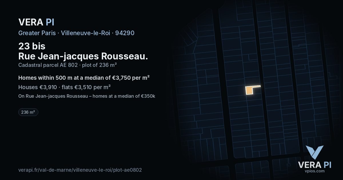 23 bis Rue Jean-jacques Rousseau, Villeneuve-le-Roi at night – the plot lit, the parcels around coloured by the prices near them