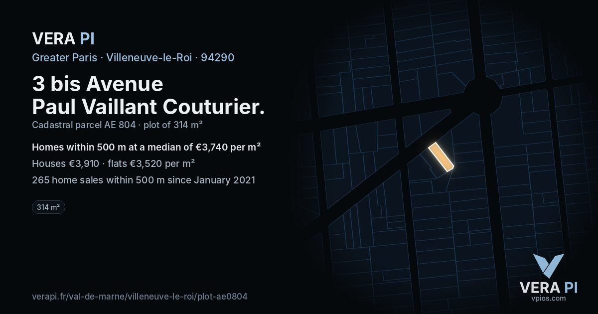 3 bis Avenue Paul Vaillant Couturier, Villeneuve-le-Roi at night – the plot lit, the parcels around coloured by the prices near them