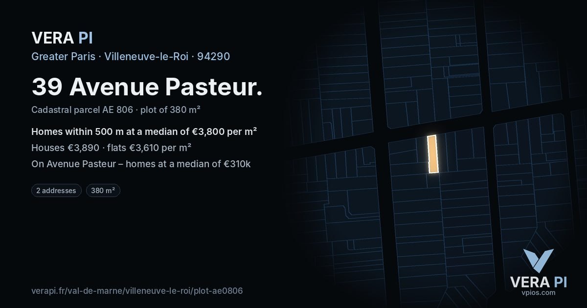 39 Avenue Pasteur, Villeneuve-le-Roi at night – the plot lit, the parcels around coloured by the prices near them