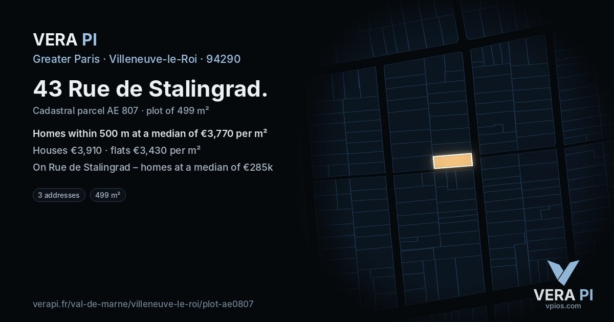 43 Rue de Stalingrad, Villeneuve-le-Roi at night – the plot lit, the parcels around coloured by the prices near them