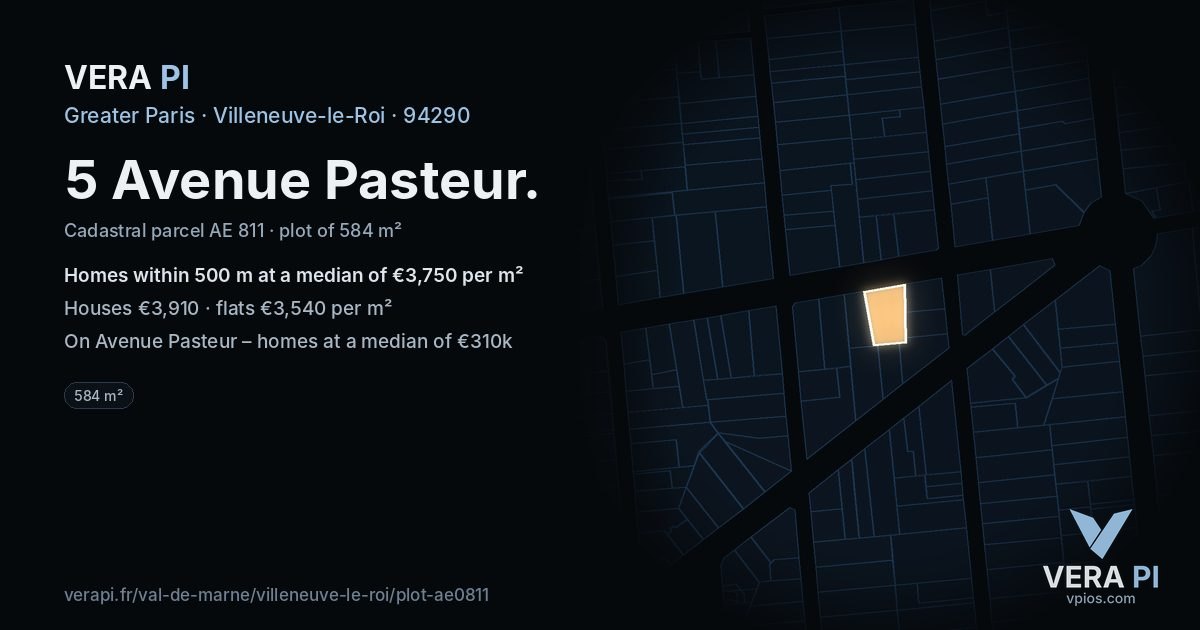 5 Avenue Pasteur, Villeneuve-le-Roi at night – the plot lit, the parcels around coloured by the prices near them