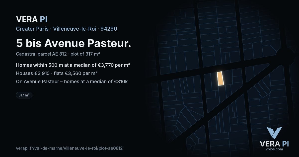 5 bis Avenue Pasteur, Villeneuve-le-Roi at night – the plot lit, the parcels around coloured by the prices near them