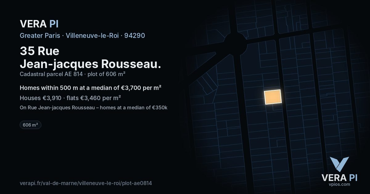 35 Rue Jean-jacques Rousseau, Villeneuve-le-Roi at night – the plot lit, the parcels around coloured by the prices near them