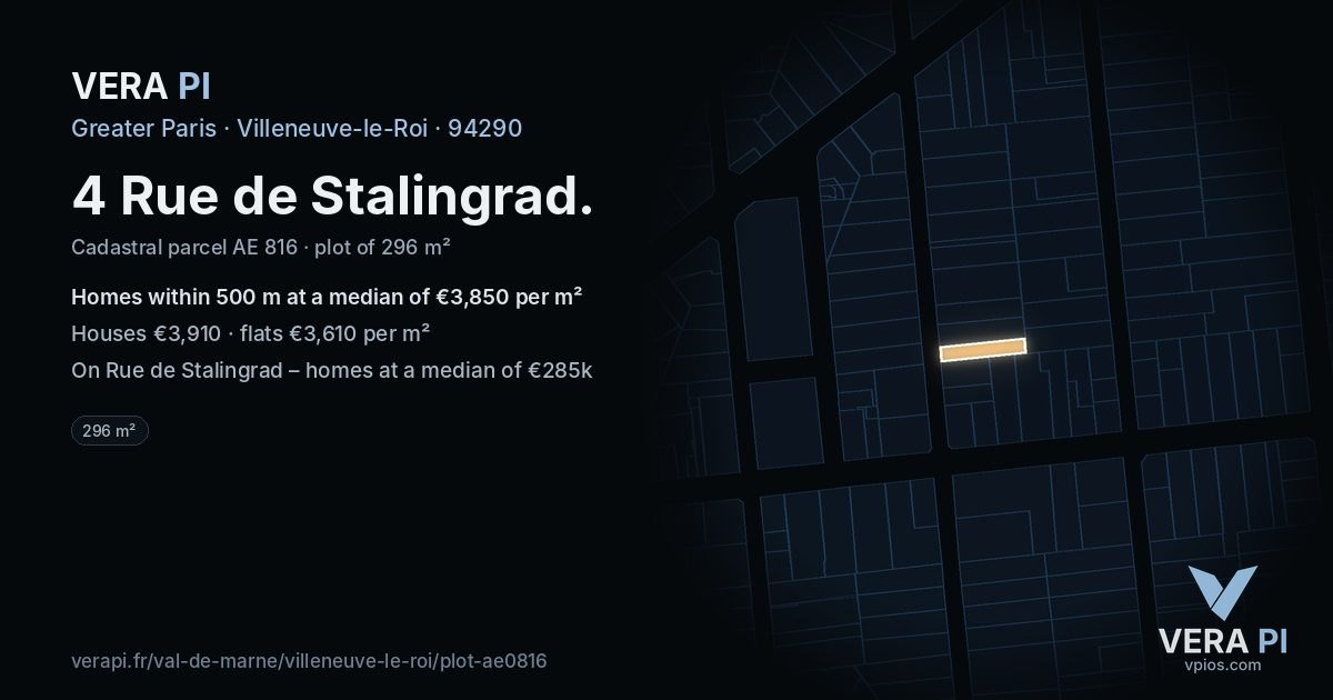 4 Rue de Stalingrad, Villeneuve-le-Roi at night – the plot lit, the parcels around coloured by the prices near them