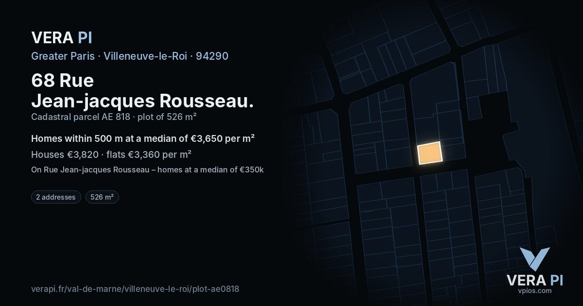 68 Rue Jean-jacques Rousseau, Villeneuve-le-Roi at night – the plot lit, the parcels around coloured by the prices near them